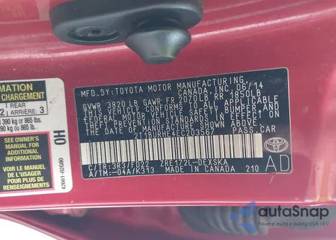 2014 Toyota Corolla S Plus из США, поврежденный, VIN 2T1BURHE4EC203567